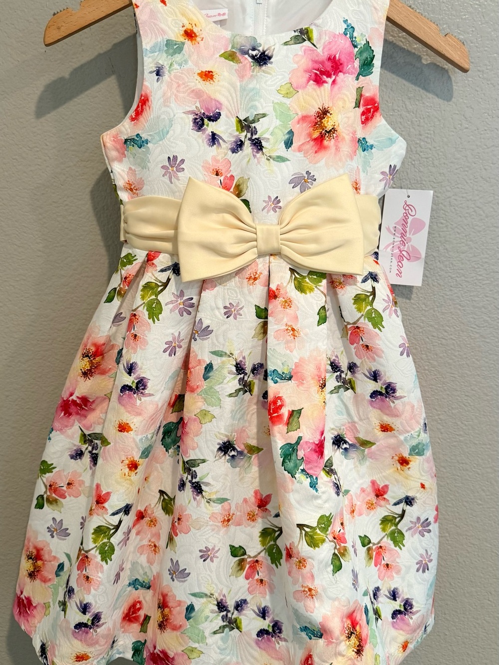 Girls' Floral White Dress with Cream Bow size 7